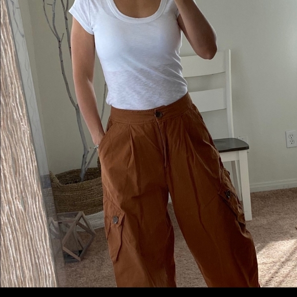 🎉HP🎉Free People Women's Brown Cargo Pants 6 Orange Gold Slacks Pocket - Picture 2 of 4
